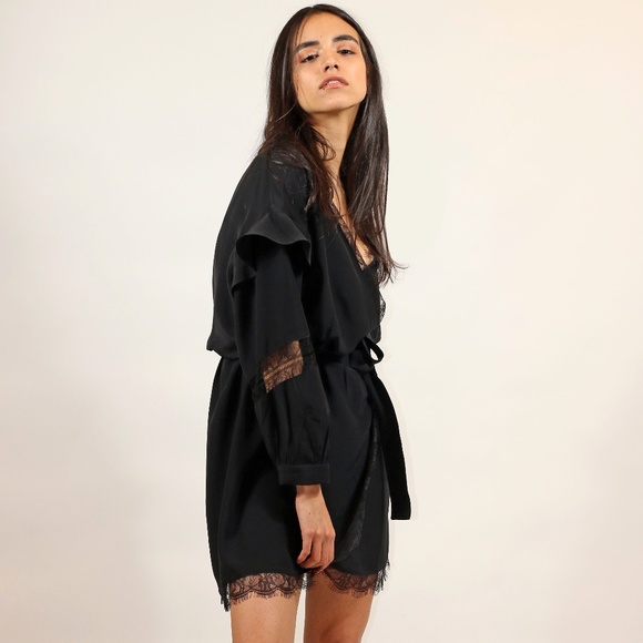 Wrap black viscose dress with lace trim - Picture 1 of 8